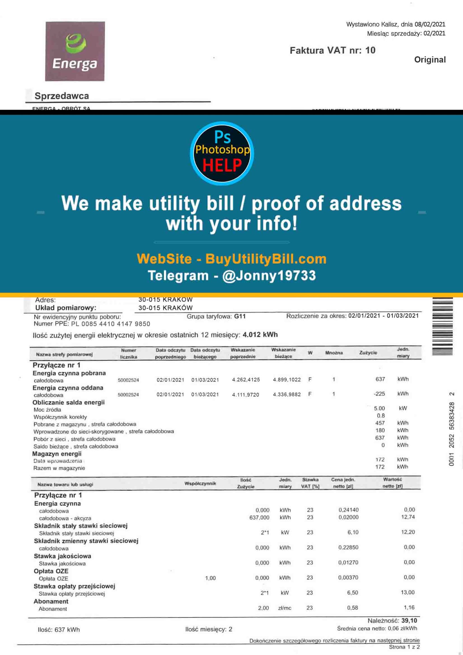 Poland Energia Fake Utility Bill Energa Sample Fake utility bill